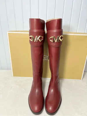Michael Kors Izzy Tall Leather Riding Boots Dark Berry Color with Gold MK Accent thumbnail 3
