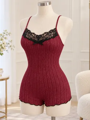 Crimson Ribbed Lace Butterfly Back Lounge Romper Sleepwear NWT Size Small thumbnail 3