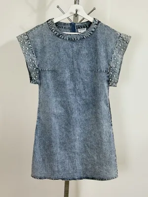 Vintage LALA FACTORY Acid Wash Pearl Beaded Sleeve Denim Mini Shift Dress Size S thumbnail 1