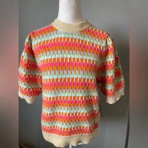 THML Colorful Ribbed Knit Quarter Sleeve Sweater Multicolor Neon Pink Orange thumbnail 2