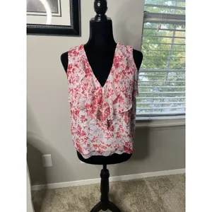 Intermix Red White Floral Silk‎ Ruffle Sleeveless Blouse Top Size Small thumbnail 4