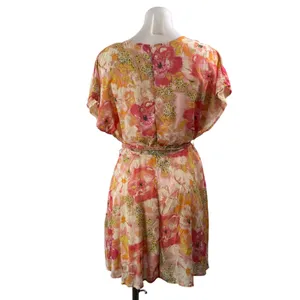 Free People Freddy Coral Short Sleeve Floral V Neck Tie Fit & Flare Mini Dress M thumbnail 3