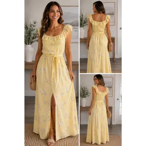 IRIS Yellow Floral Ruffle Maxi Dress Cottagecore Boho Button Front Tie Waist L thumbnail 2