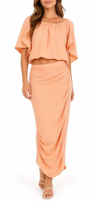 Unbranded Peach 2 Piece Set Batwing Crop Top & Ruched Maxi Skirt Size M thumbnail 1