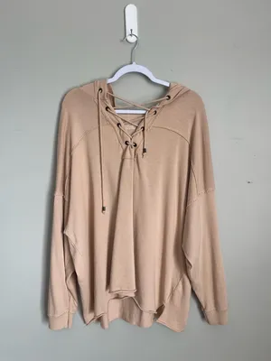 AERIE | Blush Pink Lightweight Oversized Lace-Up Pullover Hoodie Sz L thumbnail 2