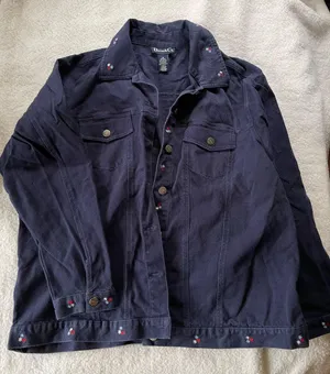 Denim & Co Navy Blue Jean Jacket Embroidered Flowers Red White Blue Patriotic 1X thumbnail 1