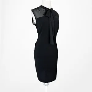 Vintage Y2K Black Sleeveless Bow Tie Knee Length Mesh Bodycon Cocktail Dress M thumbnail 5