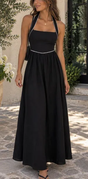 White Closet Black White Linen Blend Halter Neck Maxi Dress Small NWT thumbnail 1