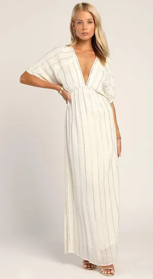 NWT Lulus Goddess Vibes Ivory Gold Striped Dolman Sleeve Maxi Dress Resort XS thumbnail 1