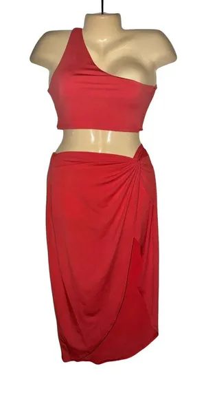 SheIn Women’s Coral One-Shoulder Midi Skirt Set thumbnail 1