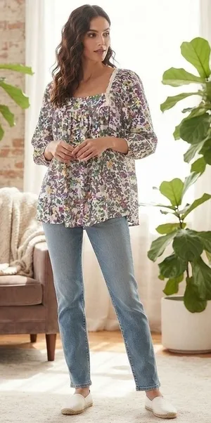 Hope & Harlow Floral‎ Print Square Neck Long Sleeve Blouse Top L thumbnail 1