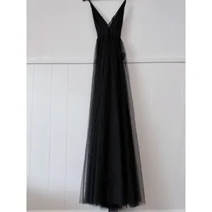 Black Tulle Maxi Dress Plunge Halter Open Back Slit Prom Evening Luxxel S NWT thumbnail 4