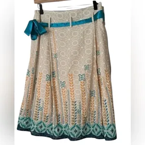 Mint Green Boho Eyelet A-Line Pleated Midi Skirt Teal Yellow Small thumbnail 3