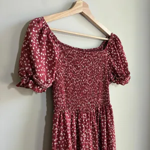 Shein cottagecore red polka dot shirred smocked maxi dress women's L side slit thumbnail 2