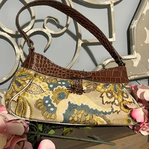 Liz Claiborne Purse Small Alligator Look Strap Floral Brown Gold Shoulder Bag thumbnail 5