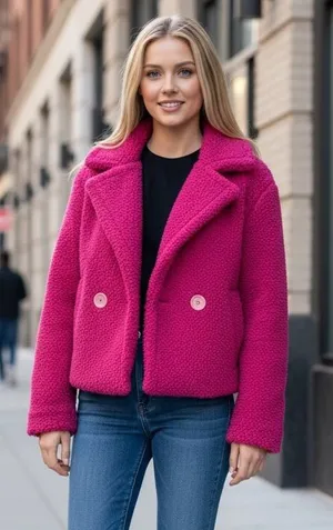 NWOT ZARA Pink / Fuchsia Faux Fur Teddy Boucle Coat Jacket Double Breasted M thumbnail 1