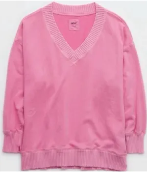 Aerie Hot Pink Down To Earth V Neck Pullover Sweatshirt Barbie Size Small thumbnail 1