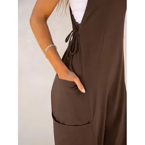 Anrabess Brown Sleeveless Cargo Pocket Jumpsuit XL Cross Back Jogger Hem Romper thumbnail 3