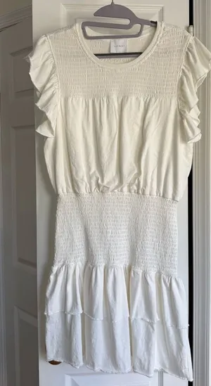 Anthropologie Sundays White Smocked Mini Dress Cotton Ruffle Sleeve - Size M thumbnail 1