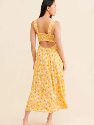 Free People Yellow Floral Midi Dress with Sweetheart Bodice thumbnail 2