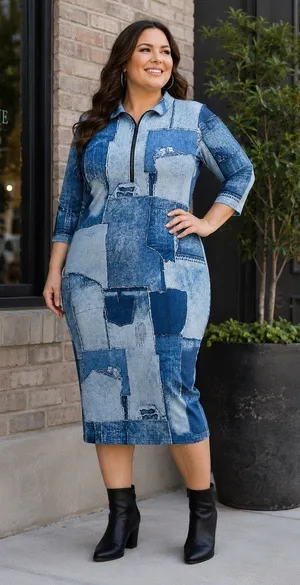 Women’s 2XL Blue Denim Patchwork Print Quarter Zip Midi Dress 3/4 Sleeves Casual thumbnail 1