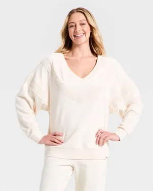 JoyLab Cream Lace-Detail Sweatshirt — Women’s XL — Loose Fit — New with Tags thumbnail 1