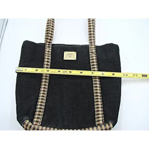 Longaberger Corduroy Plaid Tote Bag Purse Black Tan Khaki Check Homestead 9.5x10 thumbnail 9