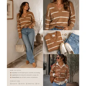 Aerie Striped V-Neck Sweater Brown White Oversized Knit XS thumbnail 2