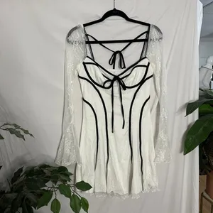 Lace Black And White Contrast Color Ruffled Hem Mini Dress thumbnail 6