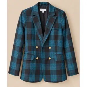 Free Assembly Womens Blazer S Teal Black Plaid Double Breasted Gold Buttons thumbnail 2