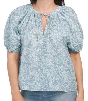 House of‎ Harlow 1960 Martine blouse seafoam Blue Floral Tie-Neck Puff Sleeve thumbnail 1