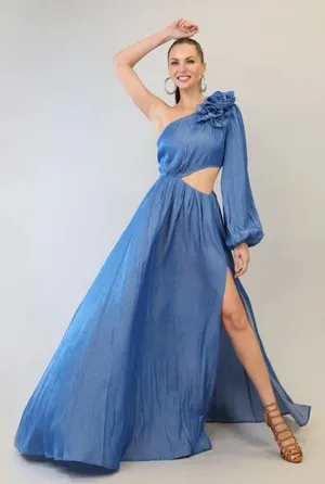 The Sang One-Shoulder Blue Maxi Dress with Floral Shoulder Detail size L thumbnail 1