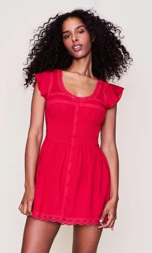 NWT Danielle Guizio Lille Pintuck Cotton Lace Trim Mini Dress Red Love XS thumbnail 1
