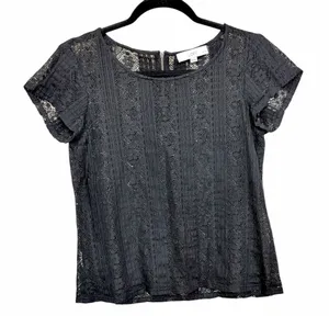 Ann Taylor LOFT Petites Black Short Sleeve Lace Blouse Sz SP thumbnail 1