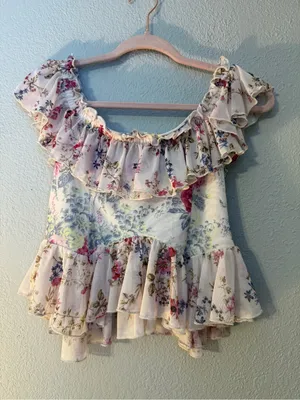 Anthropologie Floral Off-Shoulder Ruffle Crop Top - Pink & Cream thumbnail 6