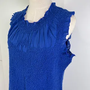 By Anthropologie Mock-Neck Textured Smocked Stretch Dress Blue Mini thumbnail 5
