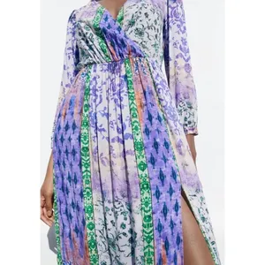 Zara Patchwork Print Maxi Dress‎ Multicolored V-Neck Boho Slit Size M thumbnail 4
