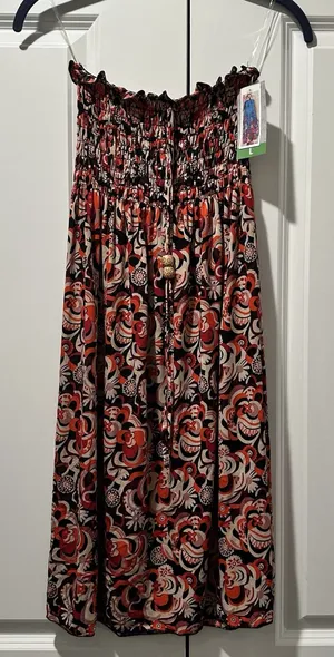 Carnival Fashion Womens Strapless Smocked Midi Dress Orange Black Floral Large thumbnail 1