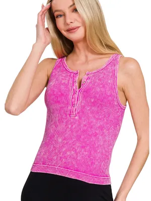 NEW Zenana Hot Pink Washed Seamless Ribbed Button Henley Tank S/M thumbnail 1