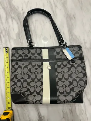 Coach Signature Stripe Tote Black Gray Canvas Leather Shoulder Bag thumbnail 8