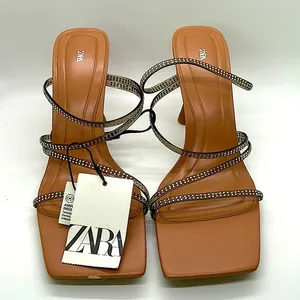 Zara Bling Jewel Tan Strappy High Heels EUC Size 40/USA Size 9 🔥🔥 thumbnail 1