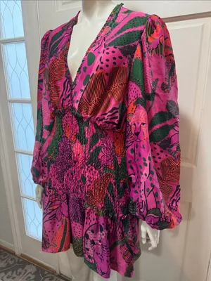 Farm Rio Boho Cool Leopards Mini Dress V-Neck Smocked Mini Dress Size Large thumbnail 8
