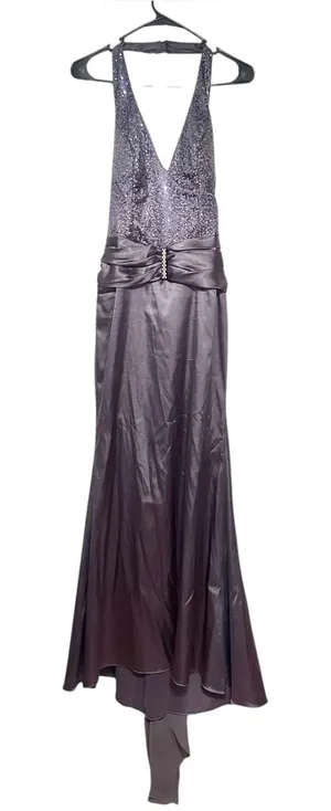 Vintage Lenovia Y2K Charcoal Gray Halter Formal Dress Gown Sequin Ruched thumbnail 1