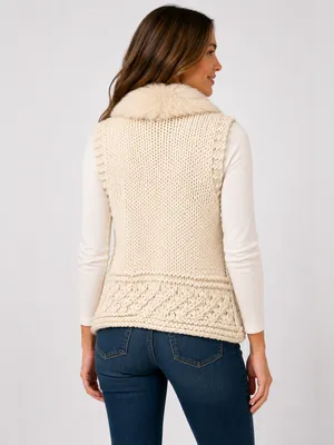 Papaya Chunky Knit Sweater Vest Cream Faux Fur Trim Rabbit Hair Medium thumbnail 2