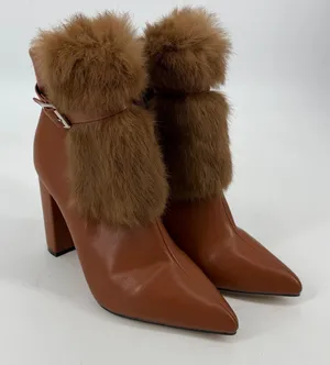 Fur Cuff‎ Pointed Toe Heeled Ankle Boots Womens EU 41 Brown Buckle Faux Leather thumbnail 1
