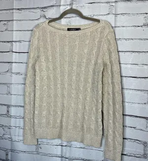 Lauren Ralph Lauren Black Label Cable Knit Cream Sweater Preppy Fall M Vintage thumbnail 8