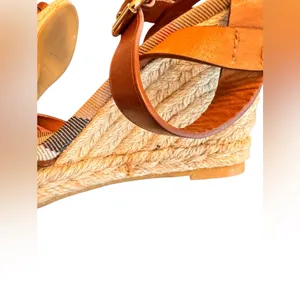 Burberry Tan Leather Check Canvas Espadrille Wedge Sandals EU 35 Italy GUC FLAW thumbnail 11