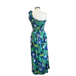 Japna One Shoulder Smocked Maxi Dress‎ Blue Green Floral Boho Vacation Sz Small thumbnail 2