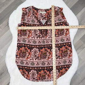 Loft Boho Floral Split Neck Sleeveless Tunic Tank Top Shirt Peach‎ Coral Medium thumbnail 12
