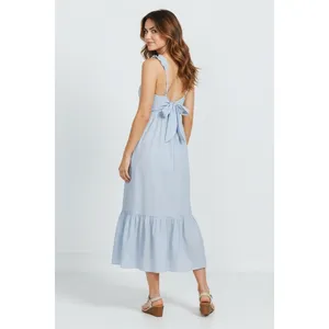 Time and Tru Womens Midi Dress Sz M Blue Ash Stripe Ruffle Strap Tie Back Flowy thumbnail 10